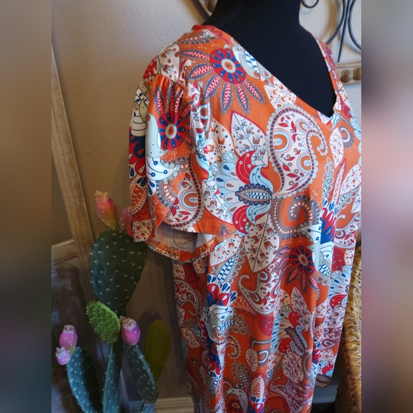 Enmain Paisley Print V-Neck Top - Orange and Blue - Picture 9 of 10